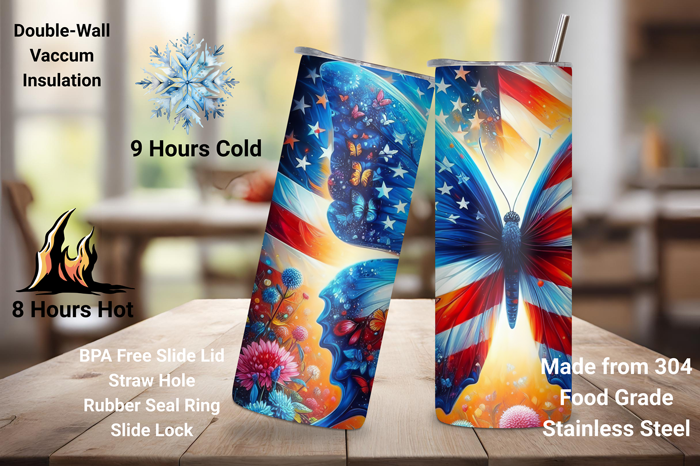 Patriotic Butterfly and Flower USA Flag Tumbler, Flag Gift Travel Cup, Butterfly Coffee Mug, 20OZ Tumbler, 22OZ Tumbler, 30OZ Tumbler