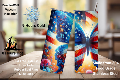 Patriotic Butterfly and Flower USA Flag Tumbler, Flag Gift Travel Cup, Butterfly Coffee Mug, 20OZ Tumbler, 22OZ Tumbler, 30OZ Tumbler