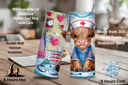 Nurse Appreciation Highland Cow Tumbler, Nurse Gift Travel Mug, Cute Medical Cow Coffee Cup, 20OZ Tumbler, 22OZ Tumbler, 30OZ Tumbler