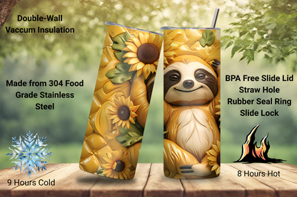 Sloth Golden Blossom Tumbler, Cute Sloth and Sunflower Tumbler, Cute Animal Gift Cup, Gift for Her, 20OZ Tumbler, 22OZ Tumbler, 30OZ Tumbler