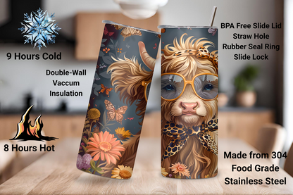 Fashionista Highland Cow Tumbler, Cheetah Print Coffee Cup, Cow with Style Travel Mug, Gift for Her, 20OZ Tumbler