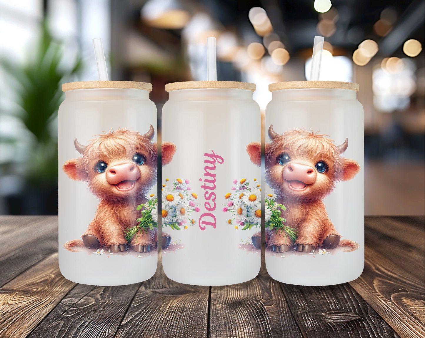 Highland Cow Tumbler Personalized Eco-Friendly  Bamboo Lid Daisy Frosted Glass Iced Coffee Reusable Cute Gift Cartoon Cow Calf Design Animal