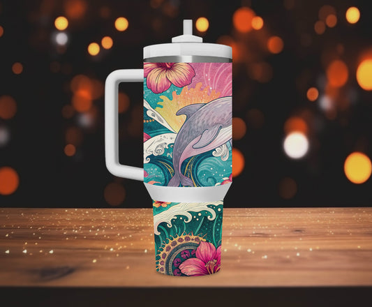40OZ Dolphin and Ocean Wave Tumbler Colorful Sea Scene Tumbler with Dolphin and Flowers