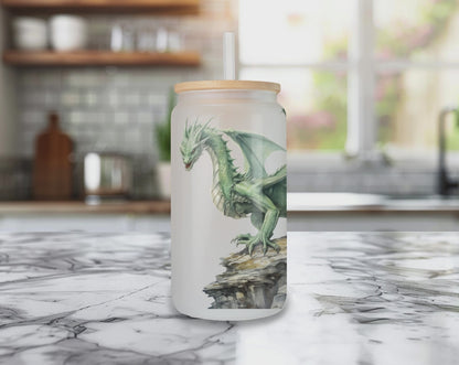 Emerald Dragon Glass Can (16OZ), Dragon Beer Can Glass, Mythic Sky Serpent Beast Libby Glass, Fantasy Lover Gift, Green Drake Glass Tumbler
