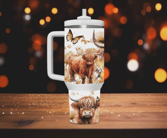 40OZ Highland Cow Floral Tumbler with Handle Cow Lover Gift