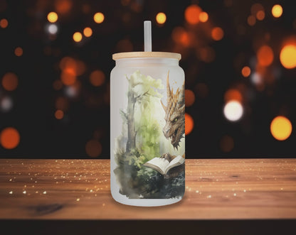Forest Guardian Dragon Glass Can (16OZ), Book Dragon Can Glass, Elder Drake Glass Tumbler, Golden Dragon Cup, Fantasy Lover Gift