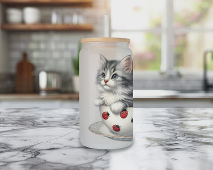 Kitty's Tea Party Glass Can Tumbler (16OZ), Cataccino Glass, Cute Cat Cup, Cuddy Kitten