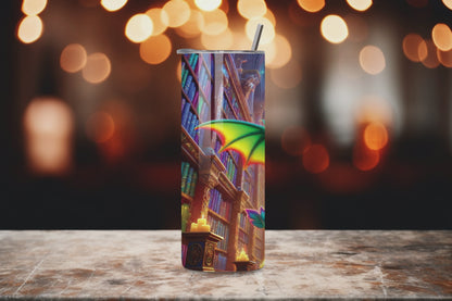 Enchanted Library Dragon Tumbler, Cute Baby Dragon Insulated Tumbler, Fantasy Gift Travel Mug, Adorable Dragon Coffee Cup 20OZ 30OZ